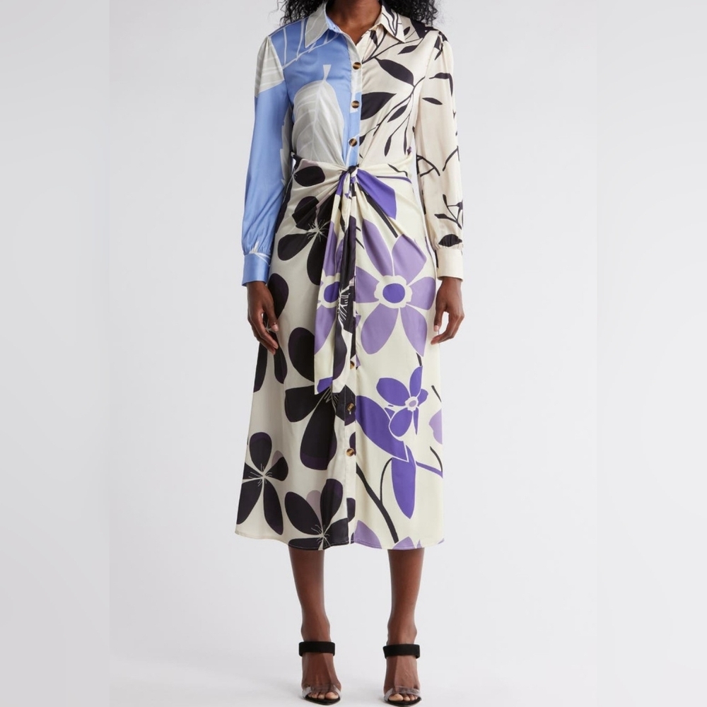 STITCHDROP Women's Size Medium White Trinidad Print Long Sleeve Midi Shirtdress